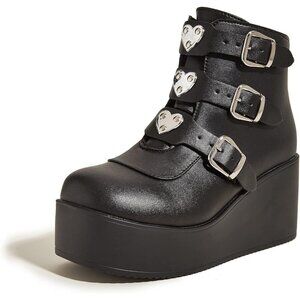 Lucky Step Women Black Round Toe Zipper Wedges High Heel Rave Buckle Booties
